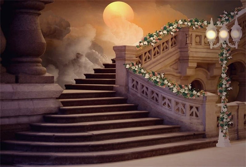 AOFOTO 10x8ft Vintage Stairs Photography Backdrop Gothic Castle Staircase with Floral Garland Photo Background Retro Elegant Wedding Anniversary Party Decoration Adult Portrait Photo Shoot Props - Image 1